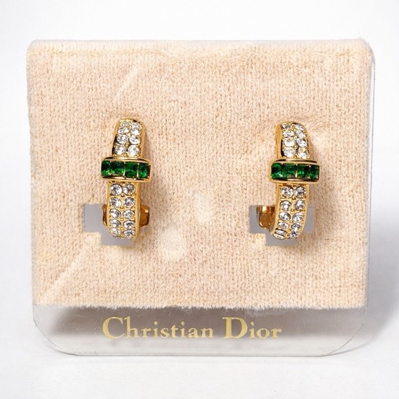 VTG Christian Dior 80s Double Crystal Emerald Green Half Hoop Earrings Gold Tone